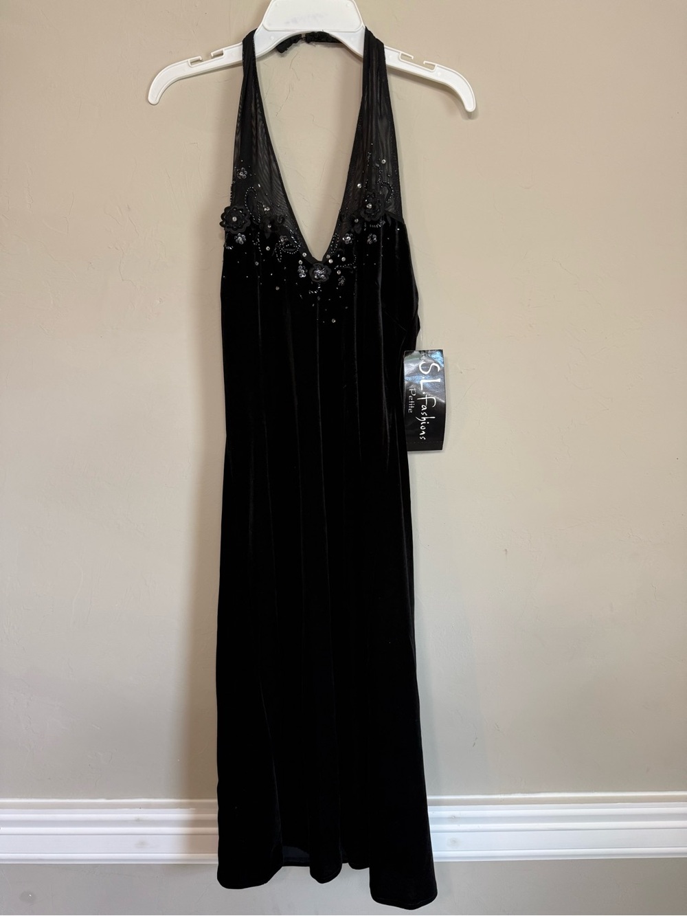 SL Fashions Black Halter Velvet Evening Gown with Beaded Accents